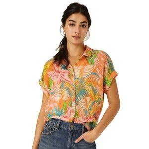 Belle Beach Kim Gravel Womens Blouse XS Orange Tropical Hawaiian Vacation Hula